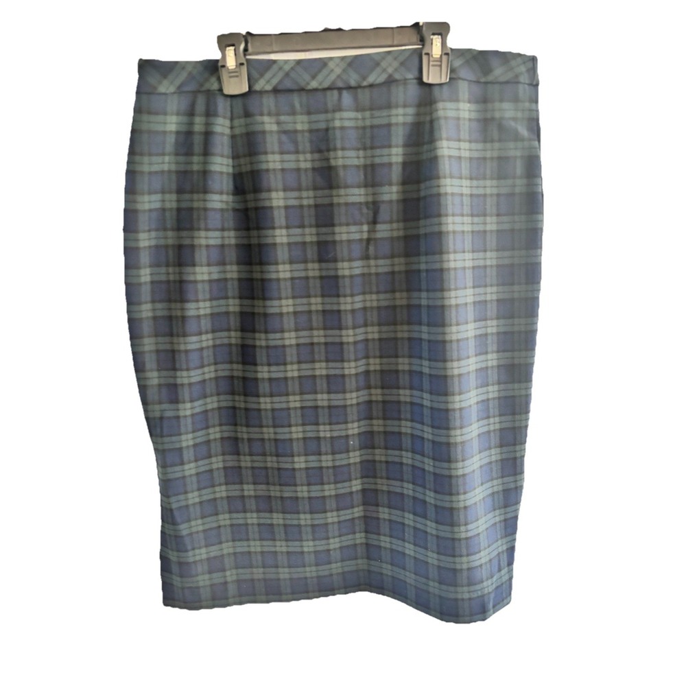 Banana Republic‎ Pencil Skirt Women 14 Medium Tartan Plaid Blue Green Leg Slit